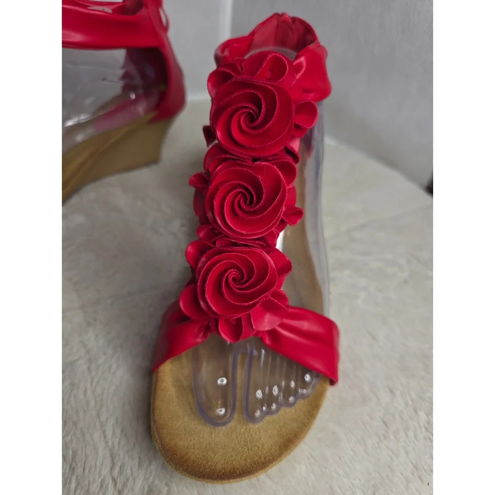 Patrizia by Spring Step Harlequin-R Red Floral Rosette Wedge Sandals EU 42 US 11